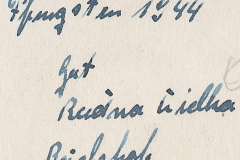 Handschriftliche Notiz mit Datierung Pfingsten 1944 und Ortsangaben