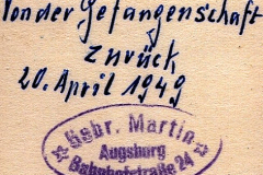 Rückseite eines Fotos mit Beschriftung zur Norder Gefangenschaft, Rückkehr Zürich 20. April 1949