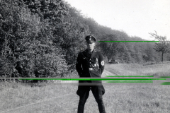 SS-Angehöriger in Uniform mit Hakenkreuzarmbinde in Waldlandschaft